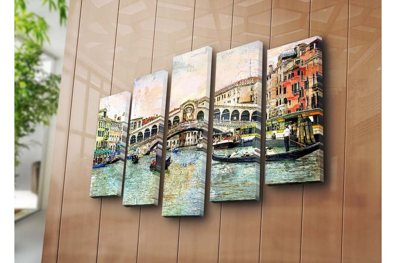 Stort lerretsbilde i 5 deler 105x70 cm - Vakker utsikt over Rialtobroen i Venezia med gondoler i kanalen - Blå / Grønn / Beige - Innredning - Bilder & kunst - Lerretsbilder