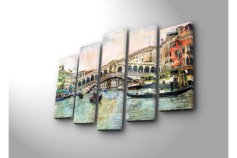 Stort lerretsbilde i 5 deler 105x70 cm - Vakker utsikt over Rialtobroen i Venezia med gondoler i kanalen - Blå / Grønn / Beige - Innredning - Bilder & kunst - Lerretsbilder