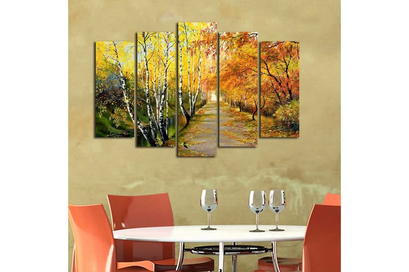 Stort lerretsbilde i 5 deler 105x70 cm - Vakkert høstlandskap med fargerike trær langs en tursti - Gul / Oransje / Grønn - Innredning - Bilder & kunst - Lerretsbilder