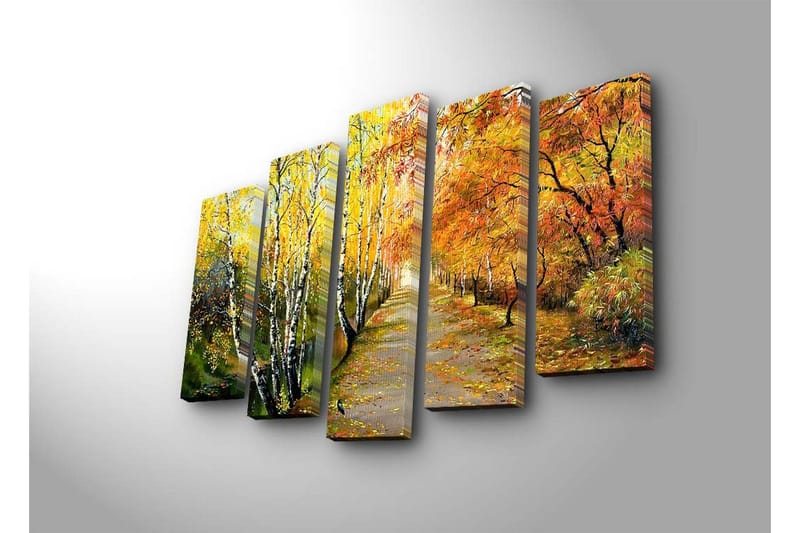 Stort lerretsbilde i 5 deler 105x70 cm - Vakkert høstlandskap med fargerike trær langs en tursti - Gul / Oransje / Grønn - Innredning - Bilder & kunst - Lerretsbilder