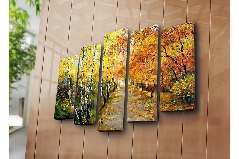 Stort lerretsbilde i 5 deler 105x70 cm - Vakkert høstlandskap med fargerike trær langs en tursti - Gul / Oransje / Grønn - Innredning - Bilder & kunst - Lerretsbilder
