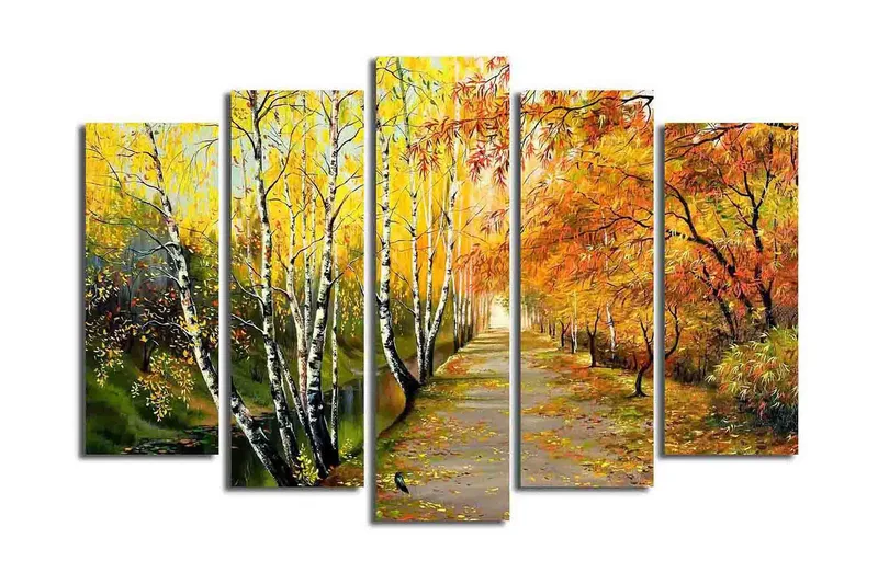 Stort lerretsbilde i 5 deler 105x70 cm - Vakkert høstlandskap med fargerike trær langs en tursti - Gul / Oransje / Grønn - Innredning - Bilder & kunst - Lerretsbilder