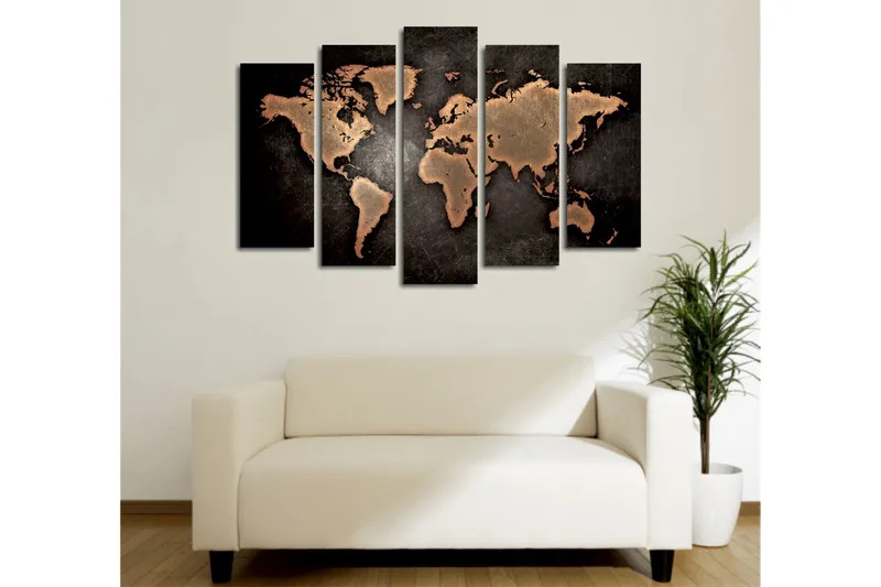 Stort lerretsbilde i 5 deler 105x70 cm - Verdenskart i metallisk stil - Mørk brun / Kobber / Svart - Innredning - Bilder & kunst - Lerretsbilder