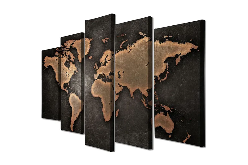 Stort lerretsbilde i 5 deler 105x70 cm - Verdenskart i metallisk stil, Mørk brun / Kobber / Svart
