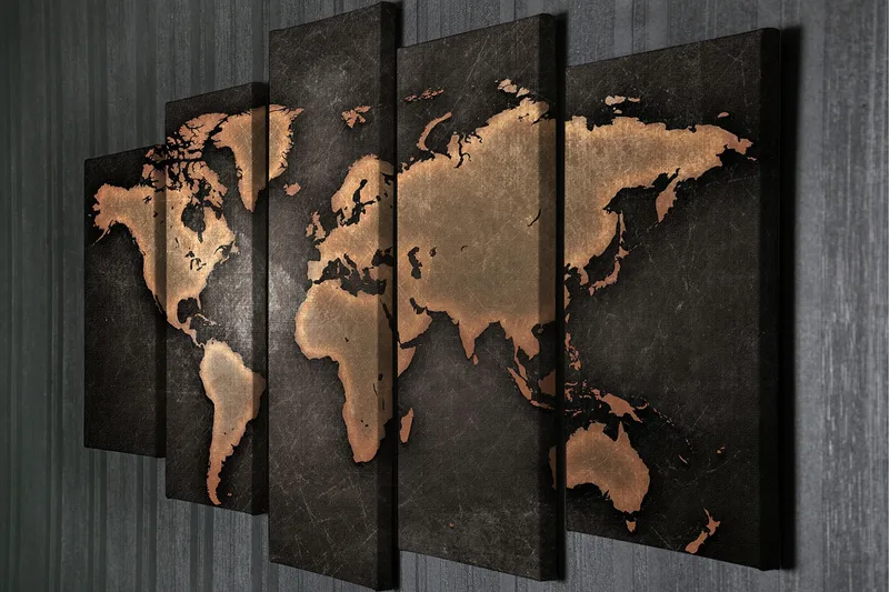 Stort lerretsbilde i 5 deler 105x70 cm - Verdenskart i metallisk stil - Mørk brun / Kobber / Svart - Innredning - Bilder & kunst - Lerretsbilder