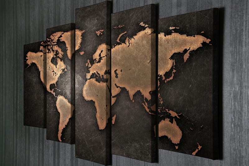Stort lerretsbilde i 5 deler 105x70 cm - Verdenskart i metallisk stil - Mørk brun / Kobber / Svart - Innredning - Bilder & kunst - Lerretsbilder