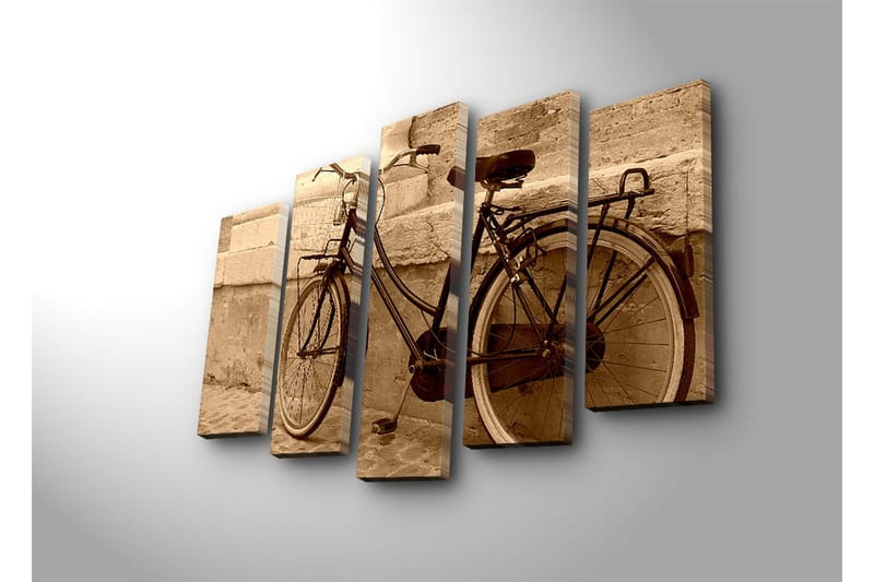 Stort lerretsbilde i 5 deler 105x70 cm - Vintage sykkel lent mot en vegg - Svart / Beige / Brun - Innredning - Bilder & kunst - Lerretsbilder