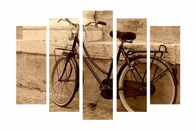 Stort lerretsbilde i 5 deler 105x70 cm - Vintage sykkel lent mot en vegg - Svart / Beige / Brun - Innredning - Bilder & kunst - Lerretsbilder