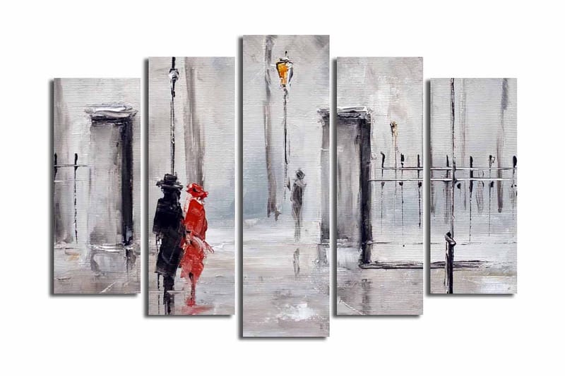 Stort lerretsbilde i 5 deler 105x70 cm - Par i regnet med rød kjole og svart dress, Rød / Svart / Grå