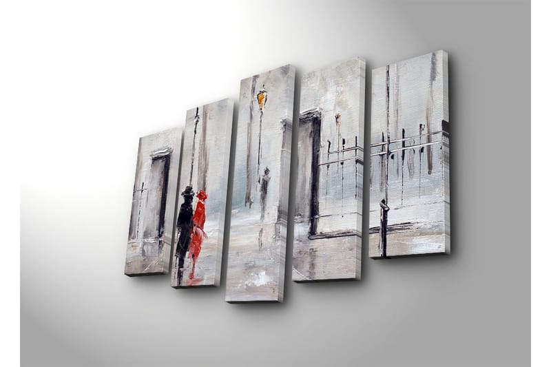 Stort lerretsbilde i 5 deler 105x70 cm - Par i regnet med rød kjole og svart dress - Rød / Svart / Grå - Innredning - Bilder & kunst - Lerretsbilder
