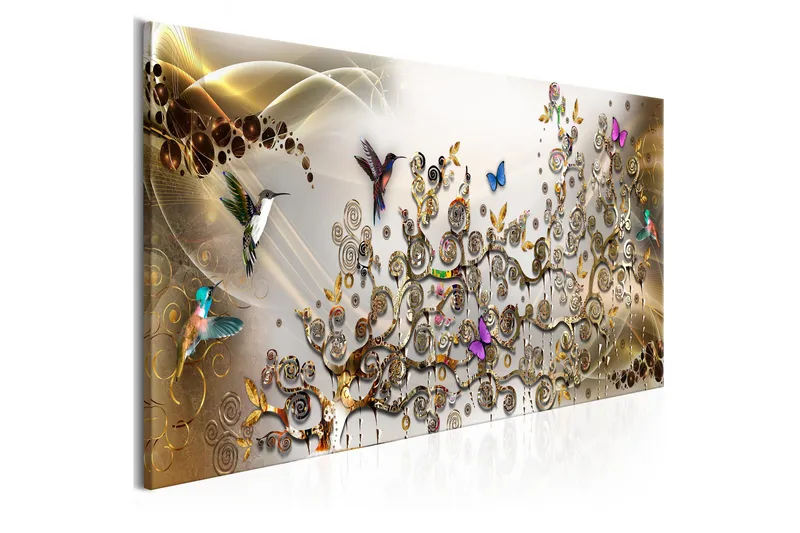 Tavle Hummingbirds Dance (1 Part) Gold Narrow 150X50 - Artgeist sp. z o. o. - Innredning - Bilder & kunst - Lerretsbilder
