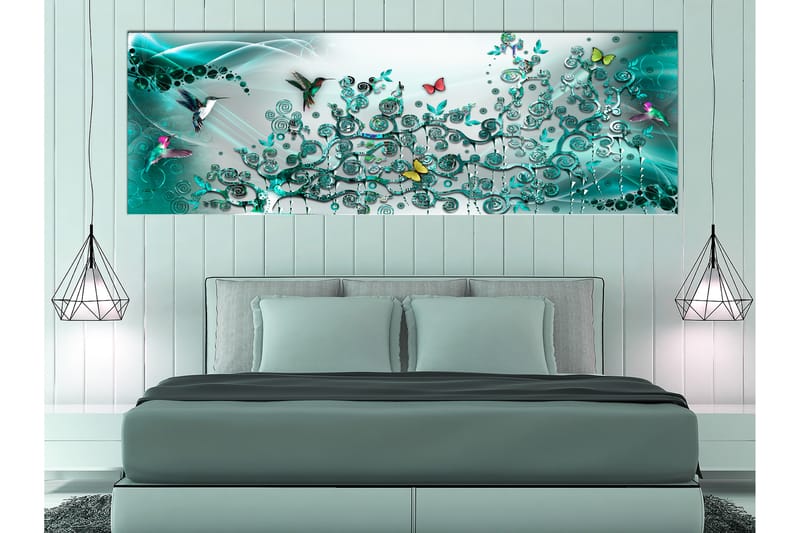 Tavle Hummingbirds Dance (1 Part) Turquoise Narrow 135X45 - Artgeist sp. z o. o. - Innredning - Bilder & kunst - Lerretsbilder