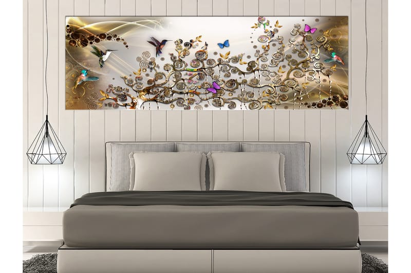 Tavle Hummingbirds Dance (1 Part) Gold Narrow 135X45 - Artgeist sp. z o. o. - Innredning - Bilder & kunst - Lerretsbilder