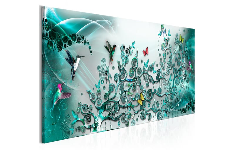 Tavle Hummingbirds Dance (1 Part) Turquoise Narrow 135X45 - Artgeist sp. z o. o. - Innredning - Bilder & kunst - Lerretsbilder