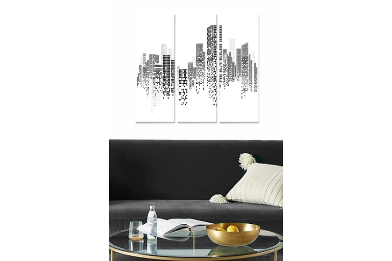 Trelerret 3-delt 50x70 cm - Abstrakt bybilde i svart-hvitt, Svart / Hvit