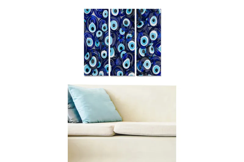 Trelerret 3-delt 50x70 cm - Abstrakt komposisjon med øyelignende former, Mørk blå / Lys blå / Hvit