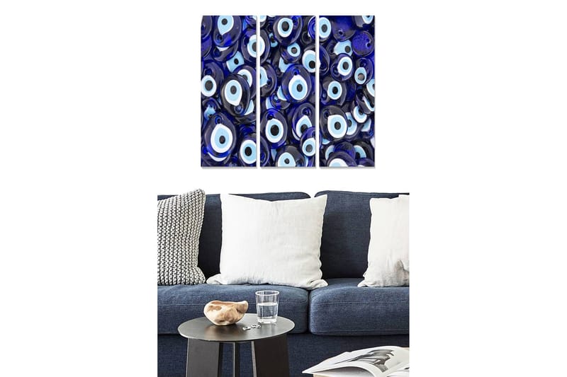 Trelerret 3-delt 50x70 cm - Abstrakt komposisjon med øyemotiv - Mørk blå / Lys blå / Hvit - Innredning - Bilder & kunst - Lerretsbilder