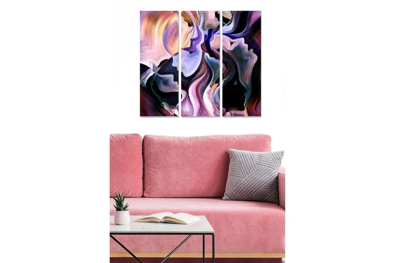 Trelerret 3-delt 50x70 cm - Abstrakt komposisjon med ansiktsformer, Lilla / Svart / Rosa