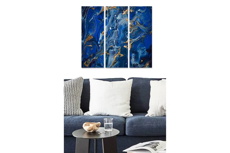 Trelerret 3-delt 50x70 cm - Abstrakt komposisjon med blå og gylne mønstre, Mørk blå / Gyllen / Lys blå