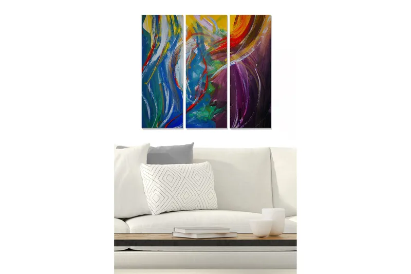 Trelerret 3-delt 50x70 cm - Abstrakt komposisjon med fargerike husker, Blå / Grønn / Lilla