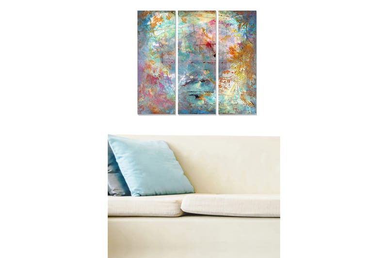 Trelerret 3-delt 50x70 cm - Abstrakt komposisjon med fargerike mønstre og teksturer, Turkis / Oransje / Rosa