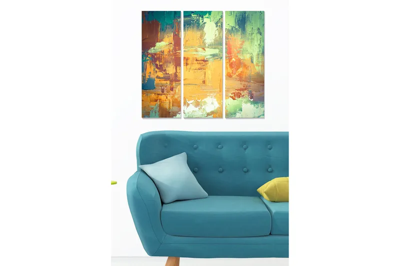Trelerret 3-delt 50x70 cm - Abstrakt komposisjon med fargerike penselstrøk, Oransje / Grønn / Blå