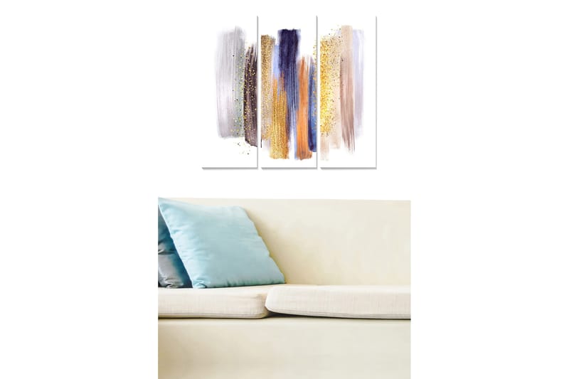 Trelerret 3-delt 50x70 cm - Abstrakt komposisjon med fargerike penselstrøk og glitrende detaljer, Lilla / Gull / Beige
