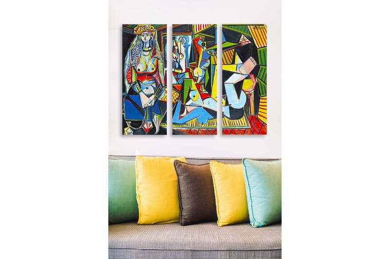 Trelerret 3-delt 50x70 cm - Abstrakt komposisjon med figurer og geometriske former, Blå / Rød / Grønn