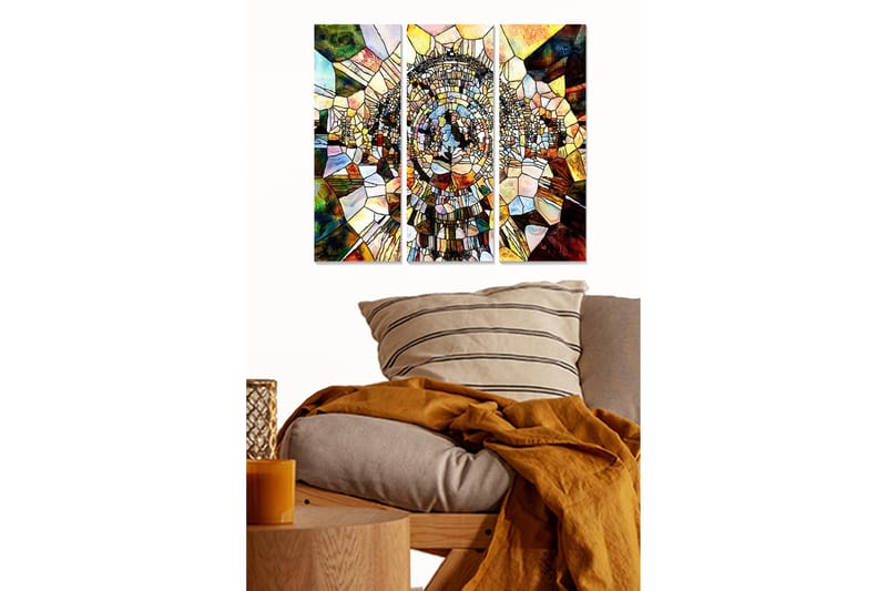 Trelerret 3-delt 50x70 cm - Abstrakt komposisjon med geometriske former i en spiralstruktur, Gull / Brun / Grønn