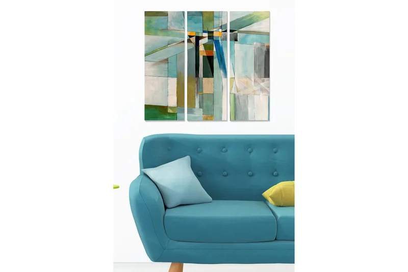 Trelerret 3-delt 50x70 cm - Abstrakt komposisjon med geometriske former i forskjellige nyanser, Turkis / Grønn / Hvit