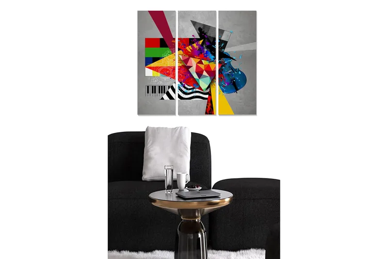 Trelerret 3-delt 50x70 cm - Abstrakt komposisjon med geometriske former og musikalske elementer - Blå / Rød / Gul - Innredning - Bilder & kunst - Lerretsbilder