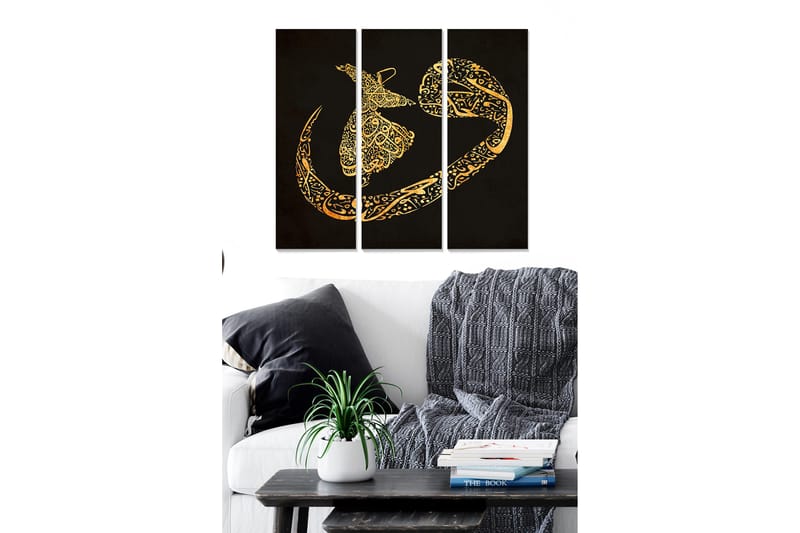 Trelerret 3-delt 50x70 cm - Abstrakt komposisjon med gullmønstre på svart bakgrunn, Gull / Svart