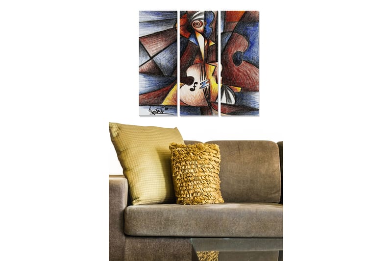 Trelerret 3-delt 50x70 cm - Abstrakt komposisjon med musikkinstrumenter og geometriske former - Mørk blå / Rød / Beige - Innredning - Bilder & kunst - Lerretsbilder
