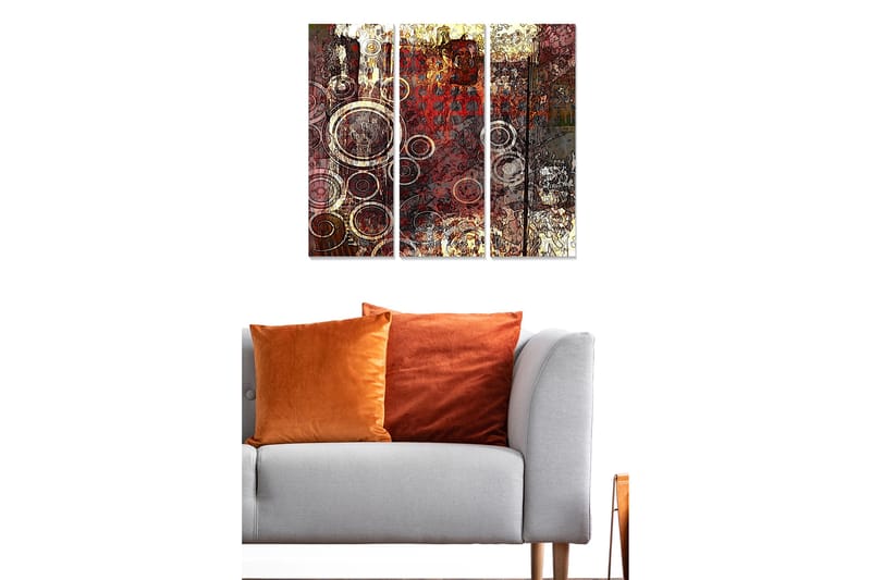 Trelerret 3-delt 50x70 cm - Abstrakt komposisjon med sirkulære former - Rød / Brun / Gull - Innredning - Bilder & kunst - Lerretsbilder