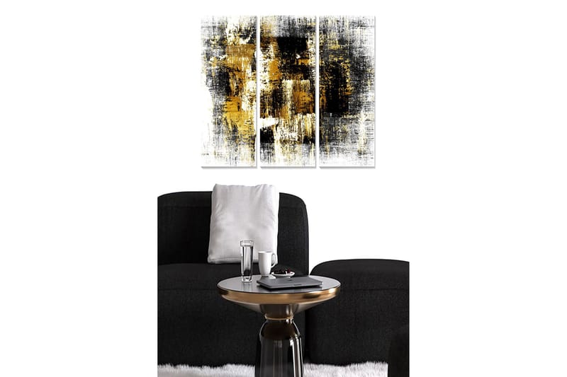Trelerret 3-delt 50x70 cm - Abstrakt komposisjon med svarte og gylne elementer, Svart / Gull / Hvit
