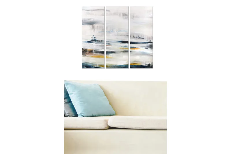 Trelerret 3-delt 50x70 cm - Abstrakt landskap med myke fargeoverganger, Grå / Hvit / Blå