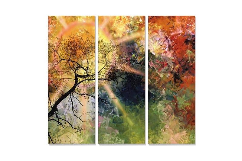 Trelerret 3-delt 50x70 cm - Abstrakt landskap med silhuett av tregrener, Gull / Grønn / Oransje
