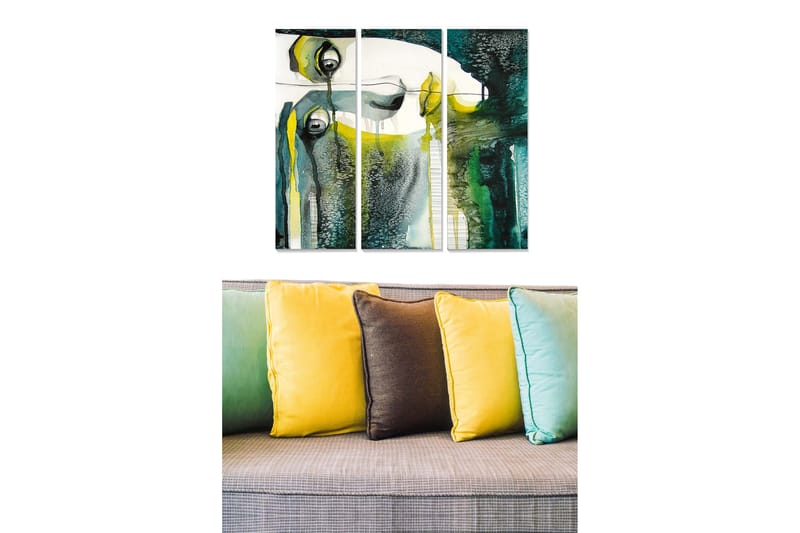 Trelerret 3-delt 50x70 cm - Abstrakt portrett med øyne og flytende former, Mørk grønn / Gul / Hvit