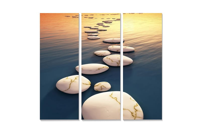 Trelerret 3-delt 50x70 cm - Asfaltert vei over speilblanke vannflater, Hvit / Blå / Gull