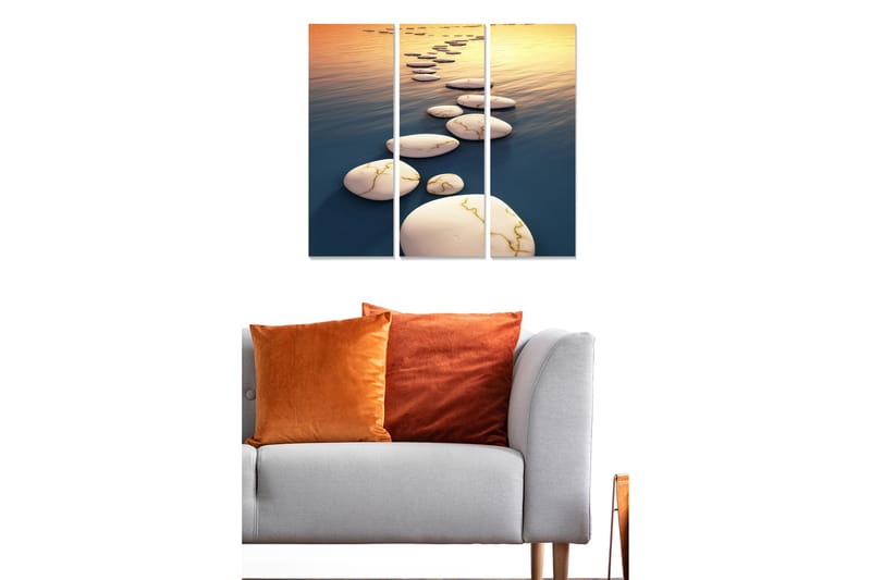 Trelerret 3-delt 50x70 cm - Asfaltert vei over speilblanke vannflater - Hvit / Blå / Gull - Innredning - Bilder & kunst - Lerretsbilder