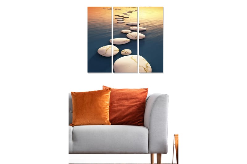 Trelerret 3-delt 50x70 cm - Asfaltert vei over speilblanke vannflater - Hvit / Blå / Gull - Innredning - Bilder & kunst - Lerretsbilder