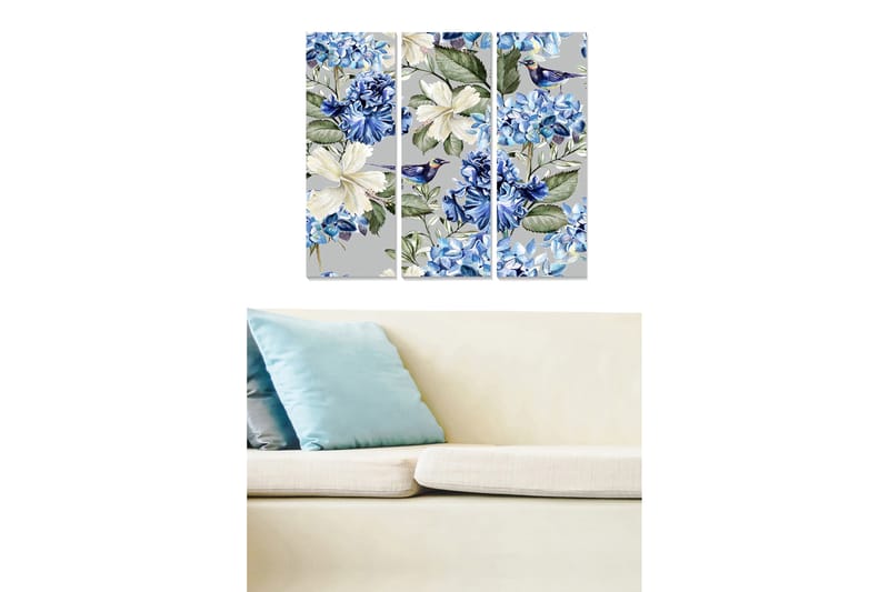 Trelerret 3-delt 50x70 cm - Blomsterkomposisjon med blå og hvite blomster, Blå / Hvit