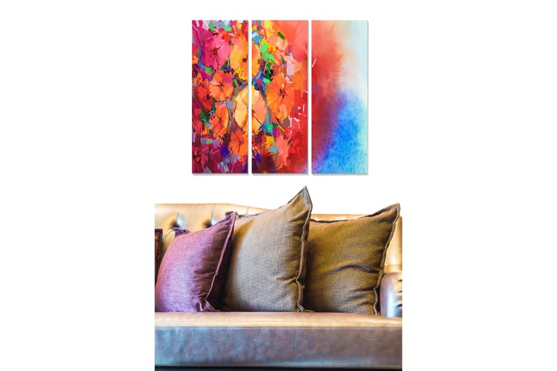 Trelerret 3-delt 50x70 cm - Fargerik abstrakt komposisjon med blomster og geometriske former, Rød / Oransje / Blå