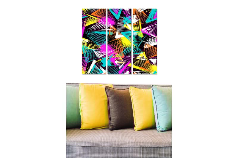 Trelerret 3-delt 50x70 cm - Fargerik abstrakt komposisjon med geometriske former, Lilla / Turkis / Oransje