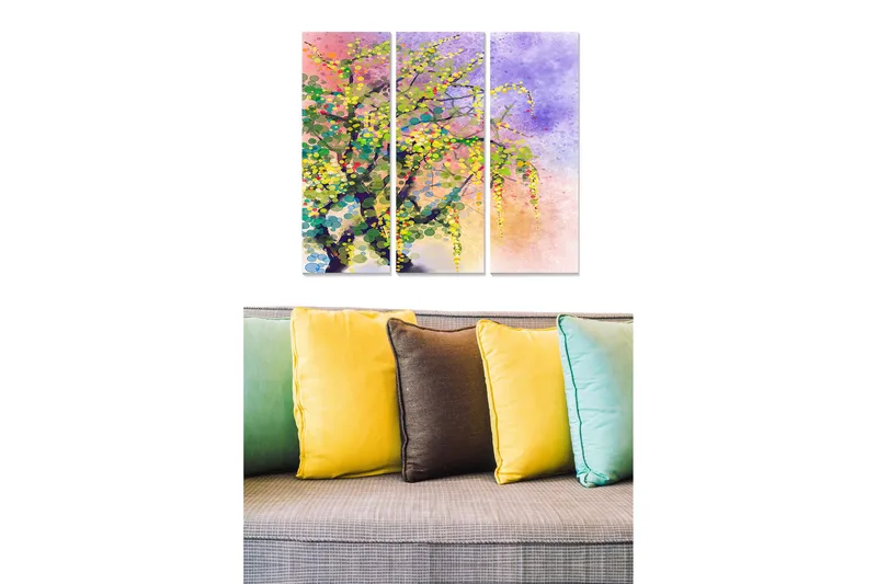 Trelerret 3-delt 50x70 cm - Fargerik abstrakt trekunst med blomster og grøntområder - Grønn / Lilla / Gul - Innredning - Bilder & kunst - Lerretsbilder