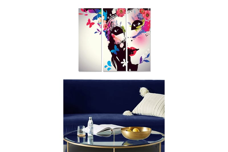 Trelerret 3-delt 50x70 cm - Fargerik ansiktskomposisjon med blomster og sommerfugler, Svart / Rosa / Grønn