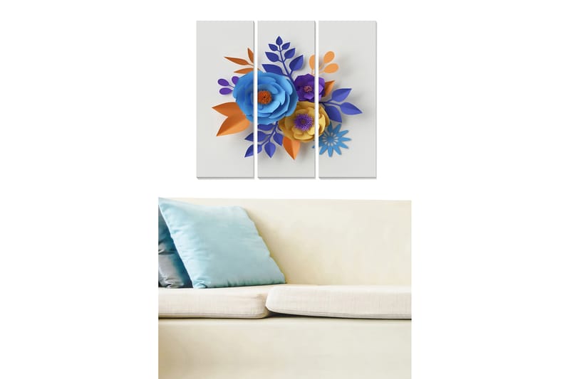 Trelerret 3-delt 50x70 cm - Fargerik bukett med papirblomster - Blå / Oransje / Lilla - Innredning - Bilder & kunst - Lerretsbilder
