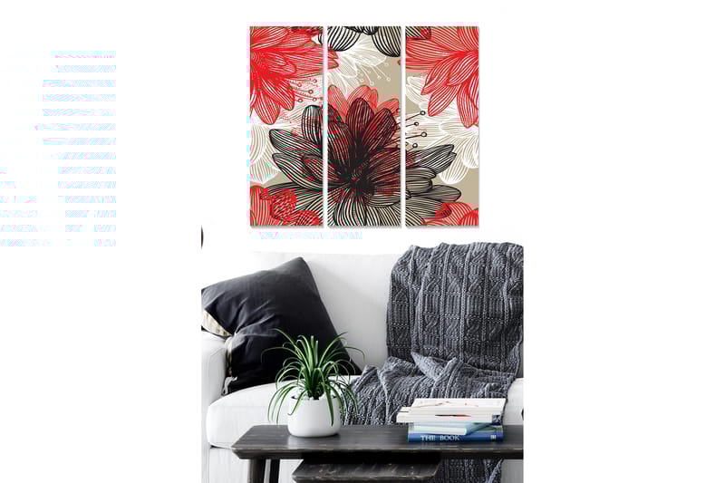 Trelerret 3-delt 50x70 cm - Fargerik komposisjon av blomster i forskjellige nyanser, Rød / Svart / Beige