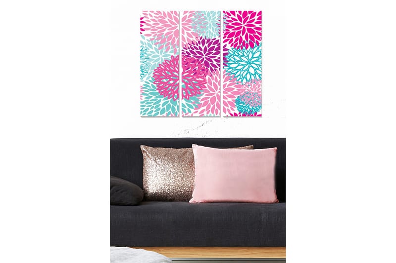Trelerret 3-delt 50x70 cm - Fargerik komposisjon av blomster i forskjellige nyanser, Rosa / Turkis / Lilla