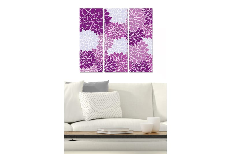 Trelerret 3-delt 50x70 cm - Fargerik komposisjon av blomster i lilla toner, Lilla / Hvit